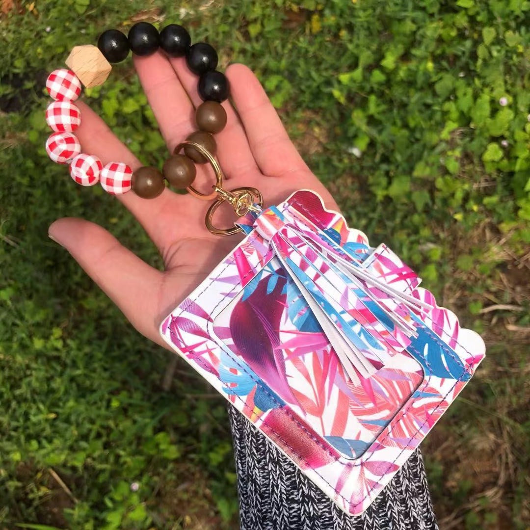 Wholesale Christmas Colorful Beads PU Tassel Bracelet Coin Purse Keychain